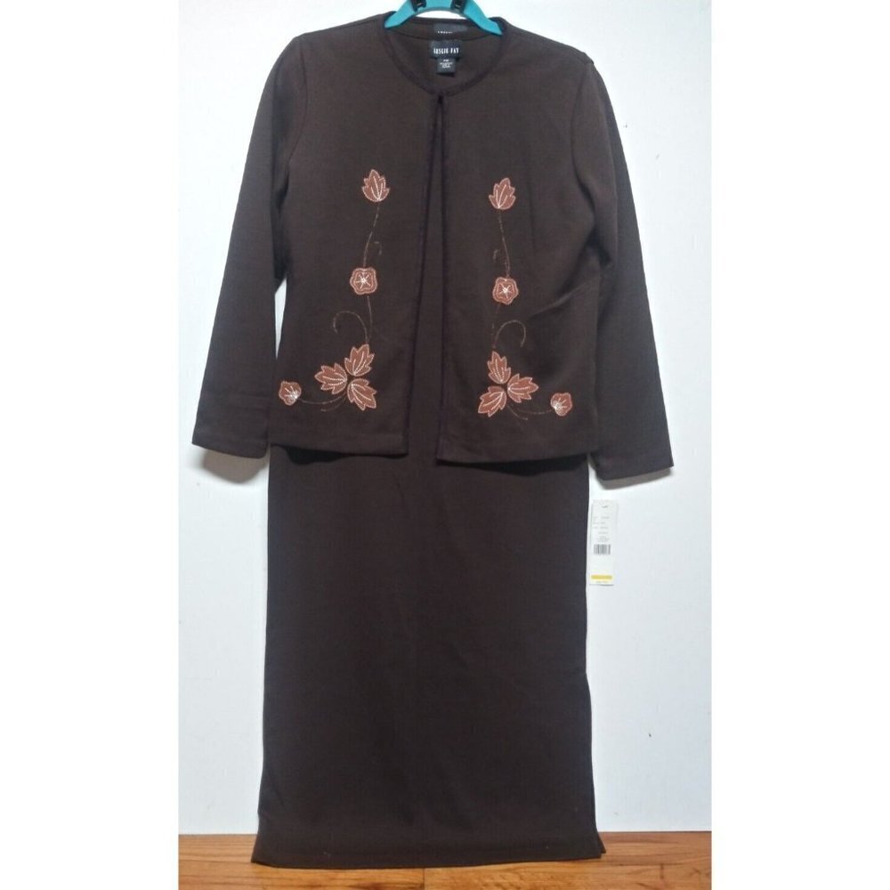 NWT Vintage Leslie Fay Sweater Dress Brown Sz PM Applique-details 2 pc knit LS